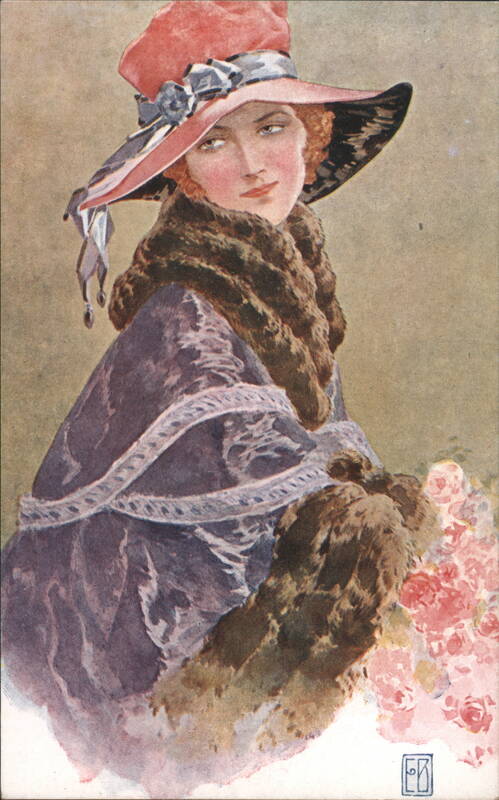 Woman in Pink Hat and Fur Trimmed Cape Hats