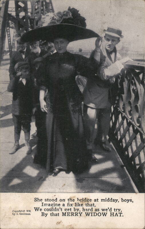 Woman with Merry Widow Hat on Bridge, Comic Scene Comic, Funny