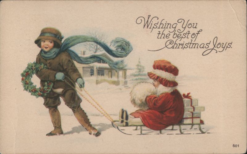 Children with Sled and Christmas Gifts, Wishing You Christmas Joys