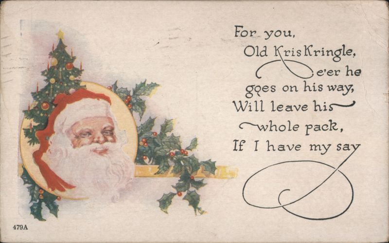 Old Kris Kringle Christmas Greeting with Santa Claus and Poem