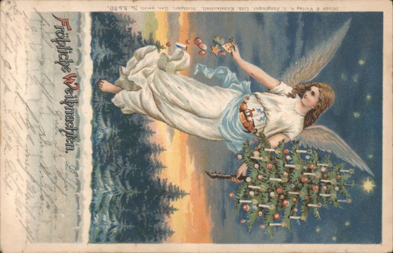 Fröhliche Weihnachten Angel Decorating Christmas Tree