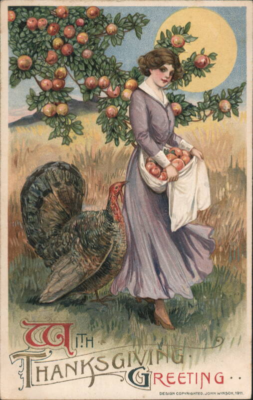 Thanksgiving Greeting with Woman Gathering Apples and Turkey