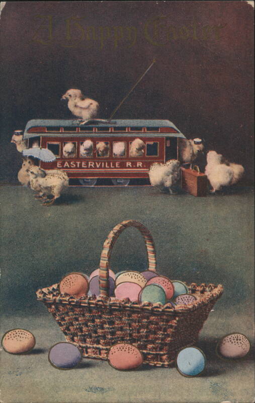 A Happy Easter Chicks in Easterville R.R. Trolley with Basket of Eggs