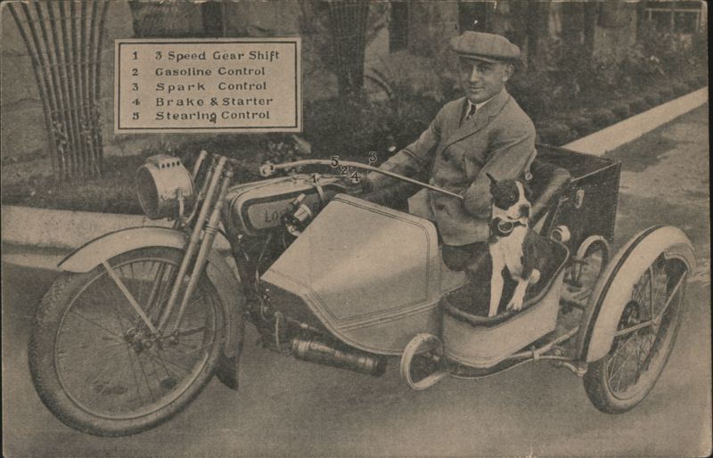 Legless One-Arm Driver on 1917 Harley-Davidson with Dog in Sidecar