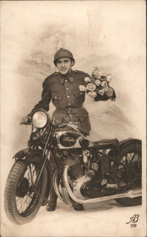 Soldier with Sarolea Motorcycle and Flowers Studio Photo