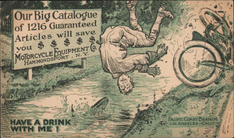 Man Falling into Stream with Motorcycle, Motorcycle Equipment Co. Ad Hammondsport New York