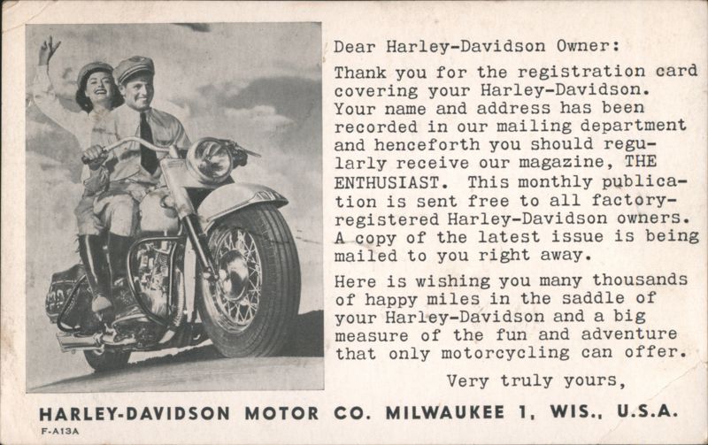 Rare: Harley-Davidson Motorcycle Enthusiast, Welcome Letter to New Owner