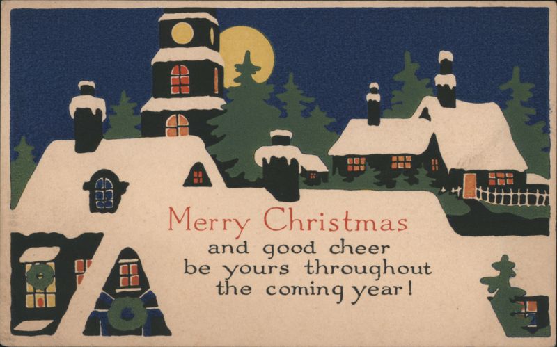 Merry Christmas Snow Covered Village Scene
