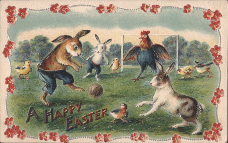 Bunnies Playing Soccer with Rooster and Chicks, Happy Easter