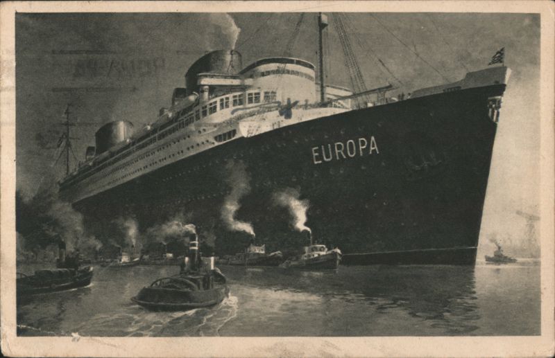 German Ocean Liner SS Europa with Tugboats Cruise Ships