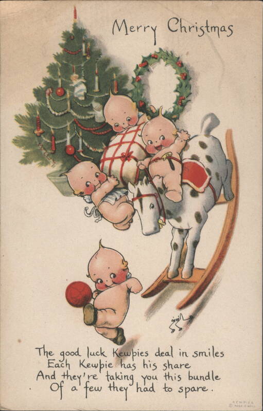 Merry Christmas Kewpies with Tree, Rocking Horse, and Wreath
