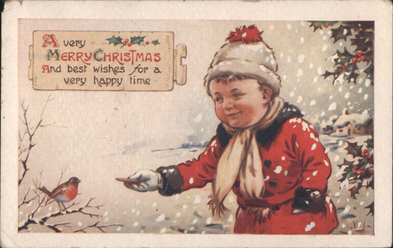Child Feeding Robin in Snow, Merry Christmas Children
