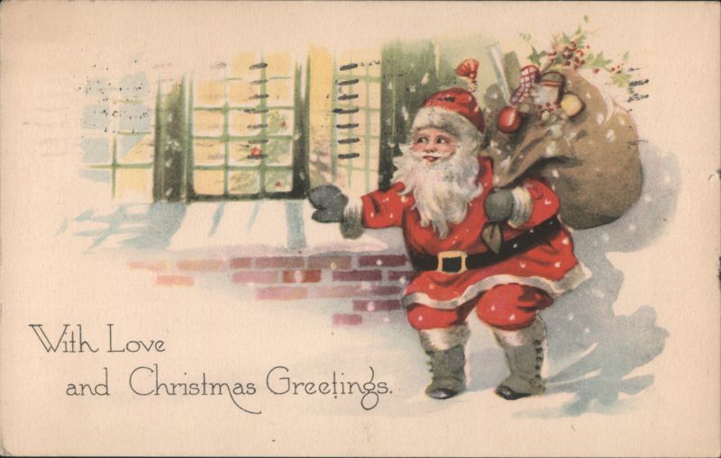 Santa Claus with Sack of Toys in Snow, Christmas Greetings