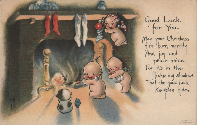 Kewpies by Fireplace with Christmas Poem Rose O'Neill