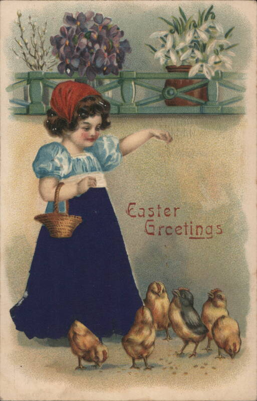 Girl in Blue Dress Feeding Chicks, Easter Greetings
