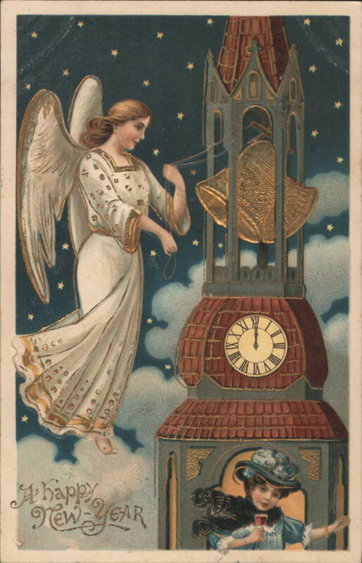 Happy New Year Angel Ringing Bells in Clock Tower Angels & Cherubs