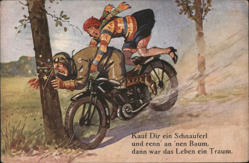 German Comic Motorcycle Crash into Tree with Child