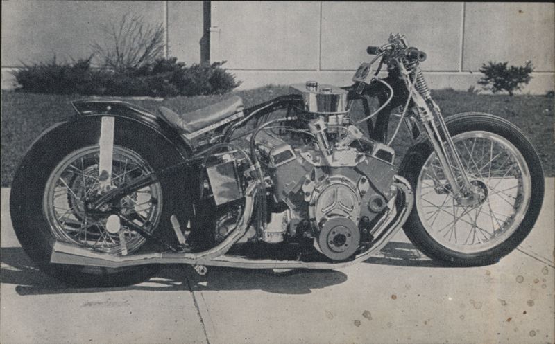 Chevy V-8 Mill Mounted in H-D Cycle 74 Stock Frame Motorcycle