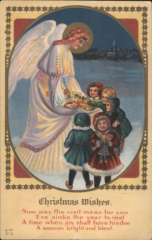 Christmas Angel Giving Toys to Children, Snowy Town Background