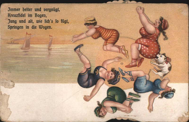 Cheerful Swimmers Jumping in Waves with German Poem