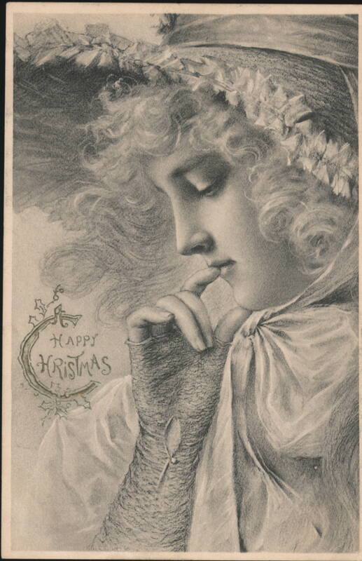 Pensive Woman with Flowers, Happy Christmas