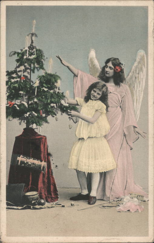 Angel and Young Girl Decorating Christmas Tree with Lit Candles