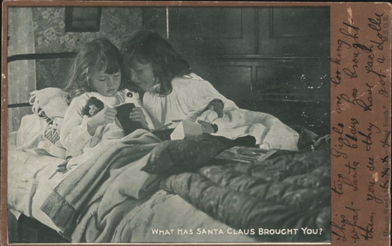 Two Girls in Bed with Christmas Dolls Children