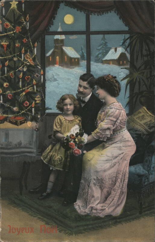 Family by Christmas Tree, Snowy Village Scene Children