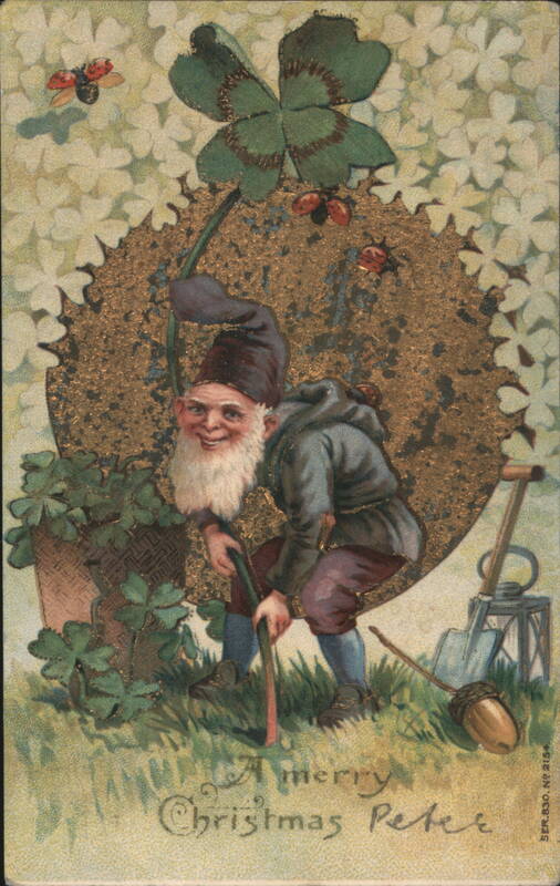 Gnome with Four-Leaf Clover and Shovel, Christmas Greeting