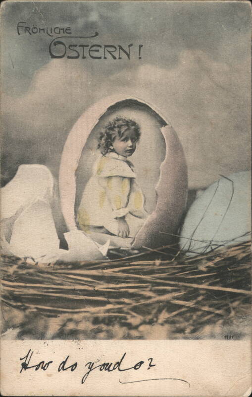 Child in Broken Eggshell in Nest, Fröhliche Ostern!