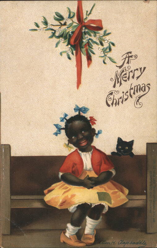 A Merry Christmas Black Girl, Cat, Mistletoe Ellen Clapsaddle