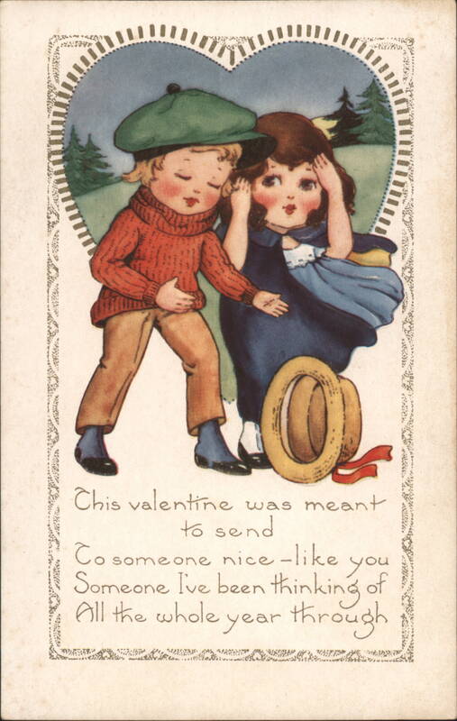 Boy in green cap, girl in blue cape, hat on ground