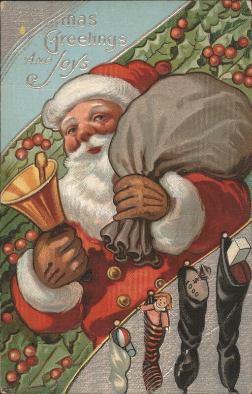 Santa Claus with Bell and Sack of Toys, Christmas Greetings