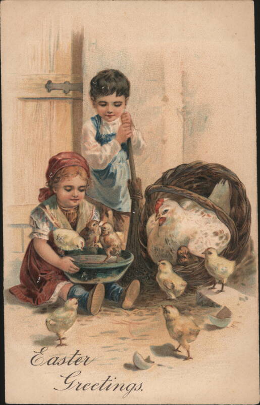 Easter Greetings Children with Chicks and Hen With Children