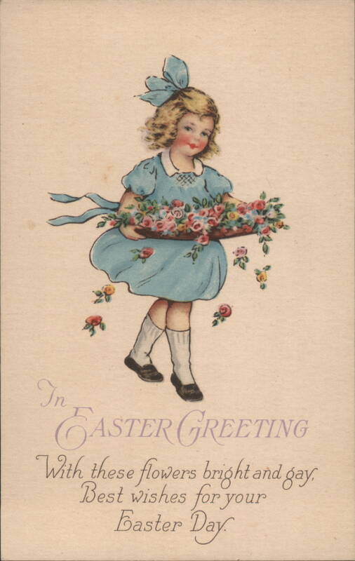Girl in Blue Dress with Basket of Flowers for Easter