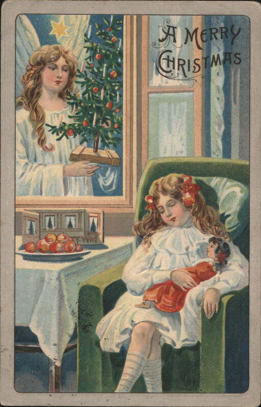 A Merry Christmas Angel and Girl with Doll Angels