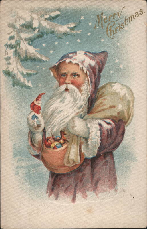 Santa Claus with Elf Doll and Basket of Toys
