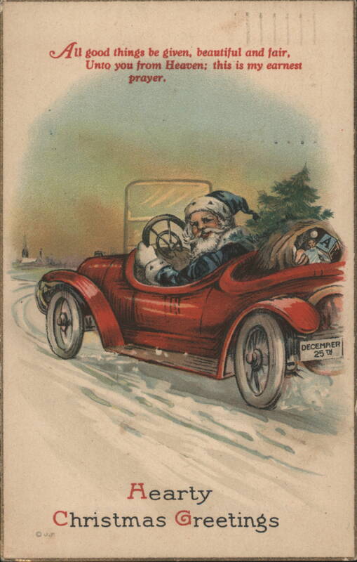 Santa Claus Driving Red Car with Christmas Greetings