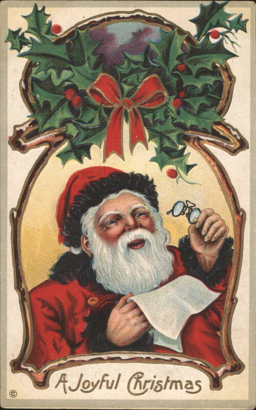 Santa Claus with Spectacles and List, Holly Wreath