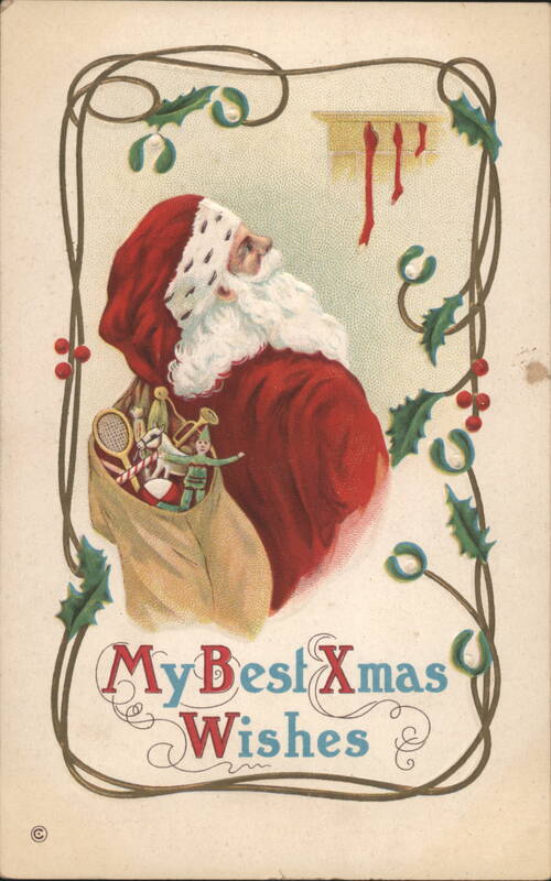 Santa Claus with Sack of Toys and Holly Border