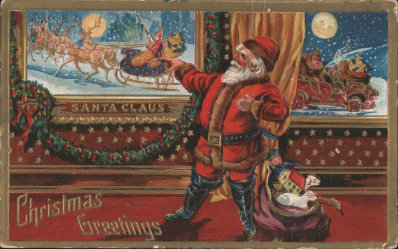 Santa Claus with Sleigh and Reindeer, Christmas Greetings