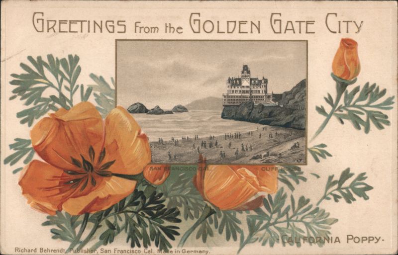 Greetings from Golden Gate City, Cliff House and California Poppies San Francisco