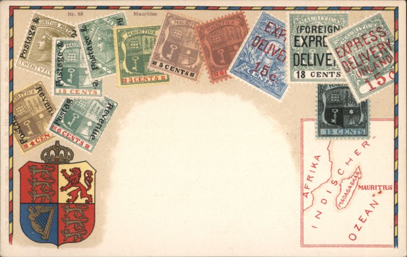Mauritius Philatelic Card with Stamps, Coat of Arms, and Map