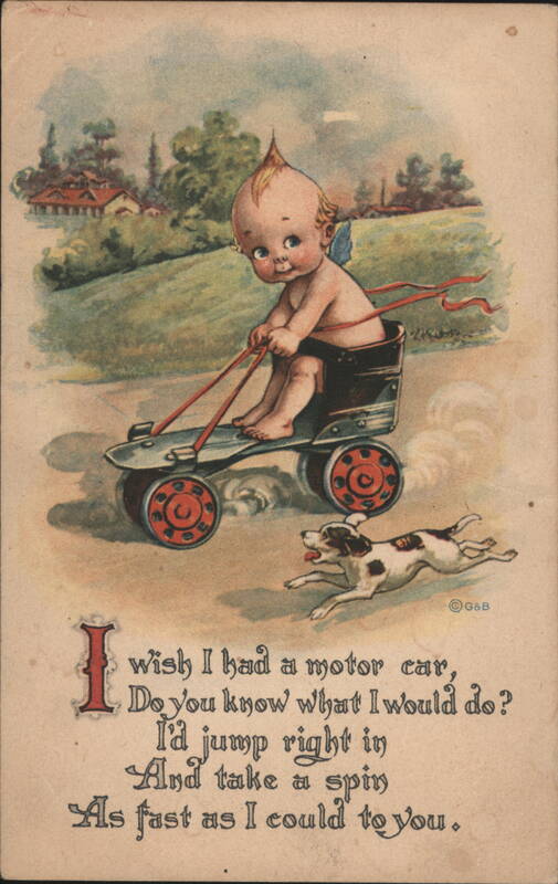Cherub Child Driving Roller Skate Car with Dog, 'I wish I had a motor car