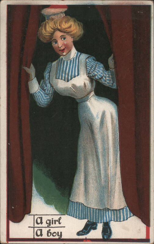 Woman in Uniform Peeking from Curtains, 'A girl A boy' Text