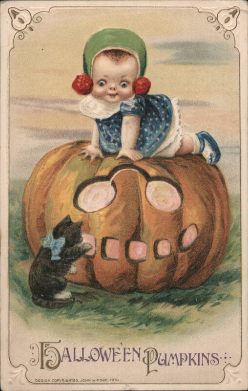 Baby and Black Cat on Jack-o'-Lantern, Halloween J. Freixas