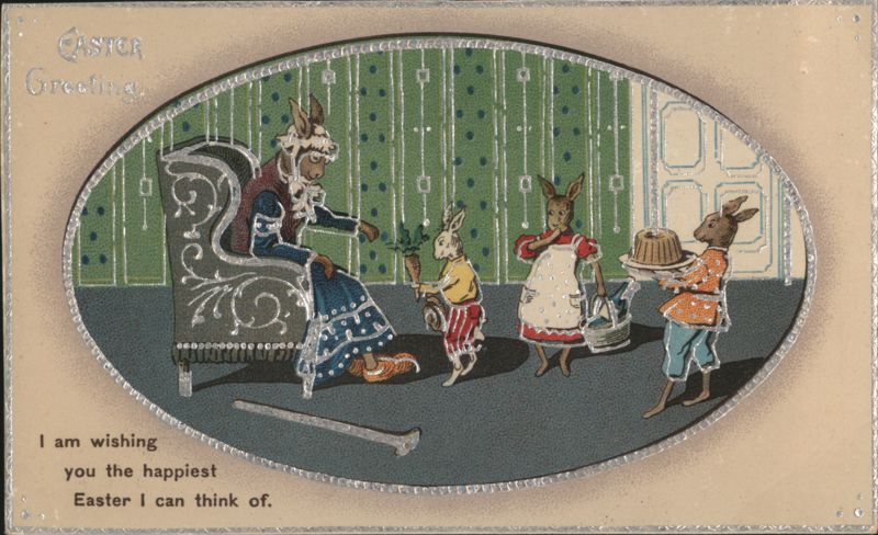 Easter Greetings with Anthropomorphic Rabbits and Cakes