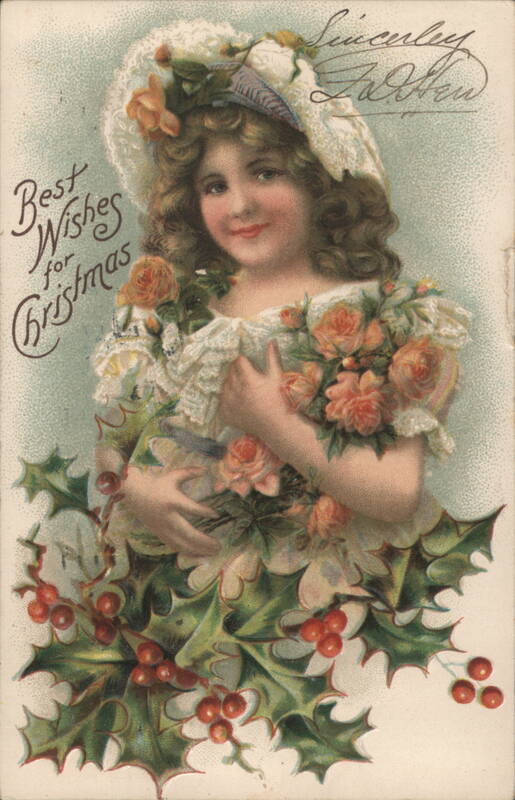 Young Girl with Roses and Holly, Best Wishes for Christmas