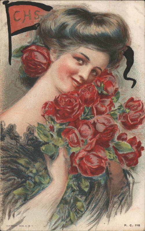 Smiling Woman with Bouquet of Red Roses and CHS Pennant