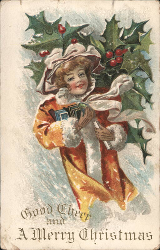 Girl in Winter Coat with Books and Holly, Merry Christmas